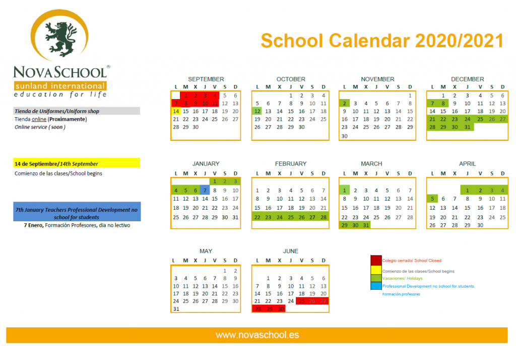 School calendar for the 2020-2021 academic year