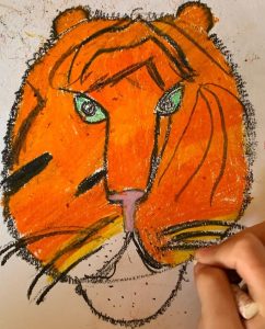 - ”Who is the beast? Jungle Animal Painting” pastel drawing inspired by Rouseeau and Franz Marc (Y7)